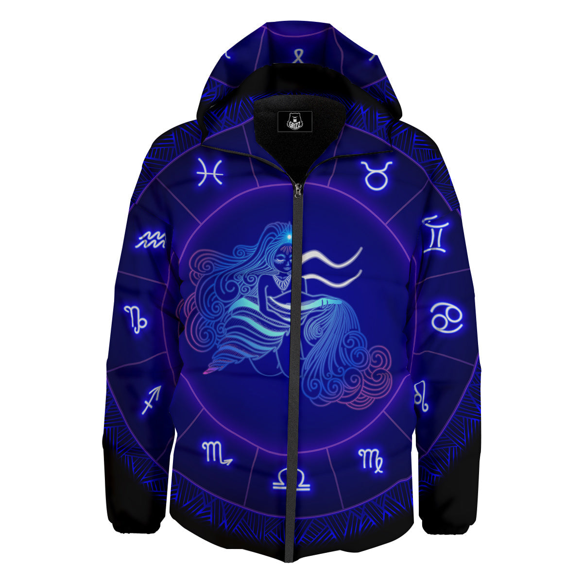 Zodiac Sign Dark Aquarius Print Down Jacket-grizzshop