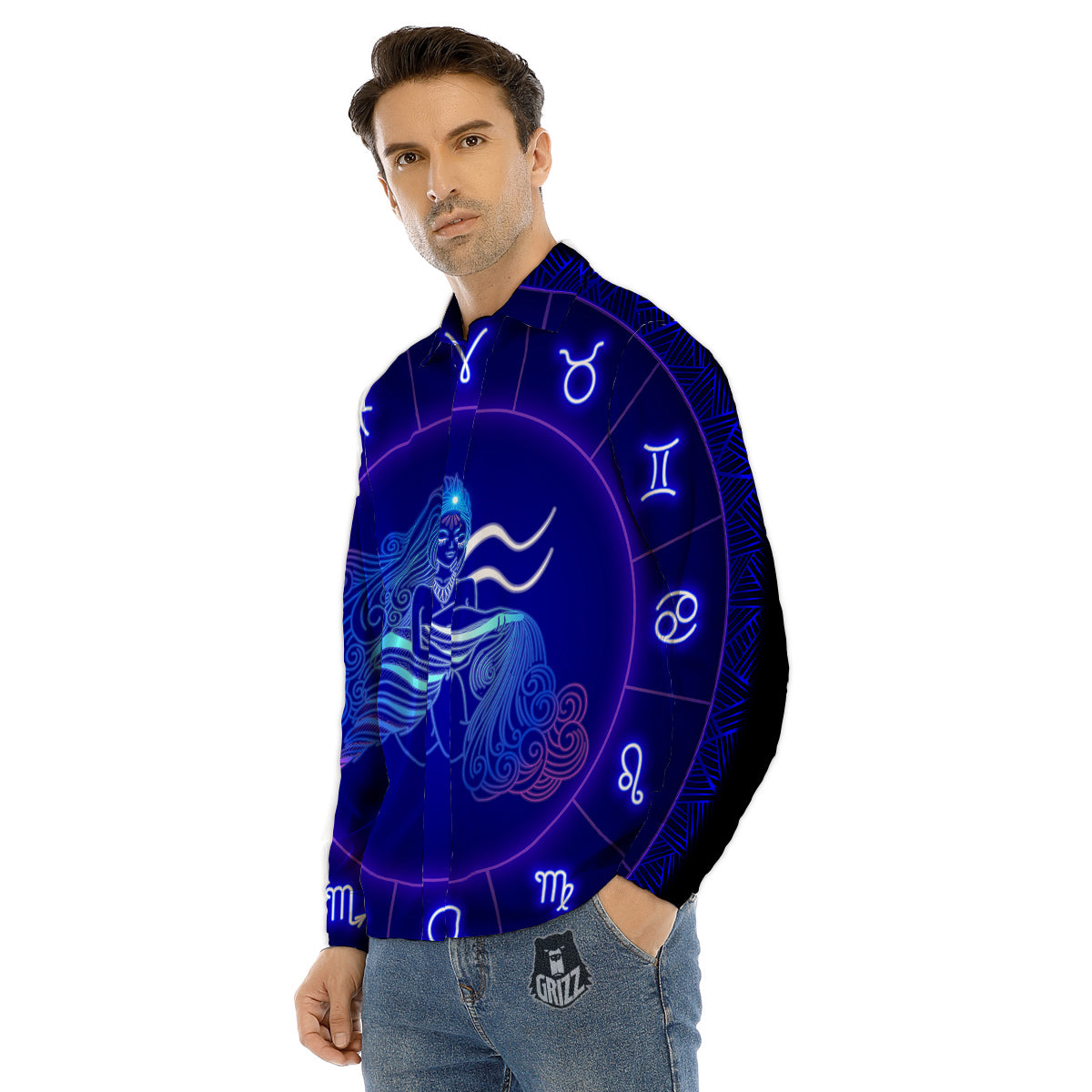 Zodiac Sign Dark Aquarius Print Men's Dress Shirts-grizzshop