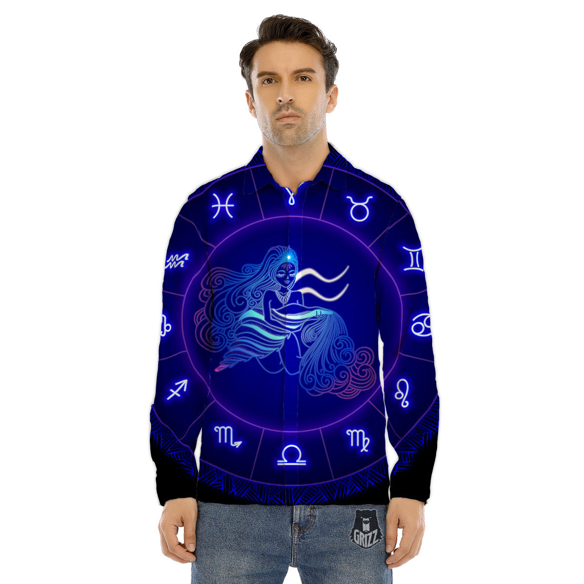 Zodiac Sign Dark Aquarius Print Men's Dress Shirts-grizzshop