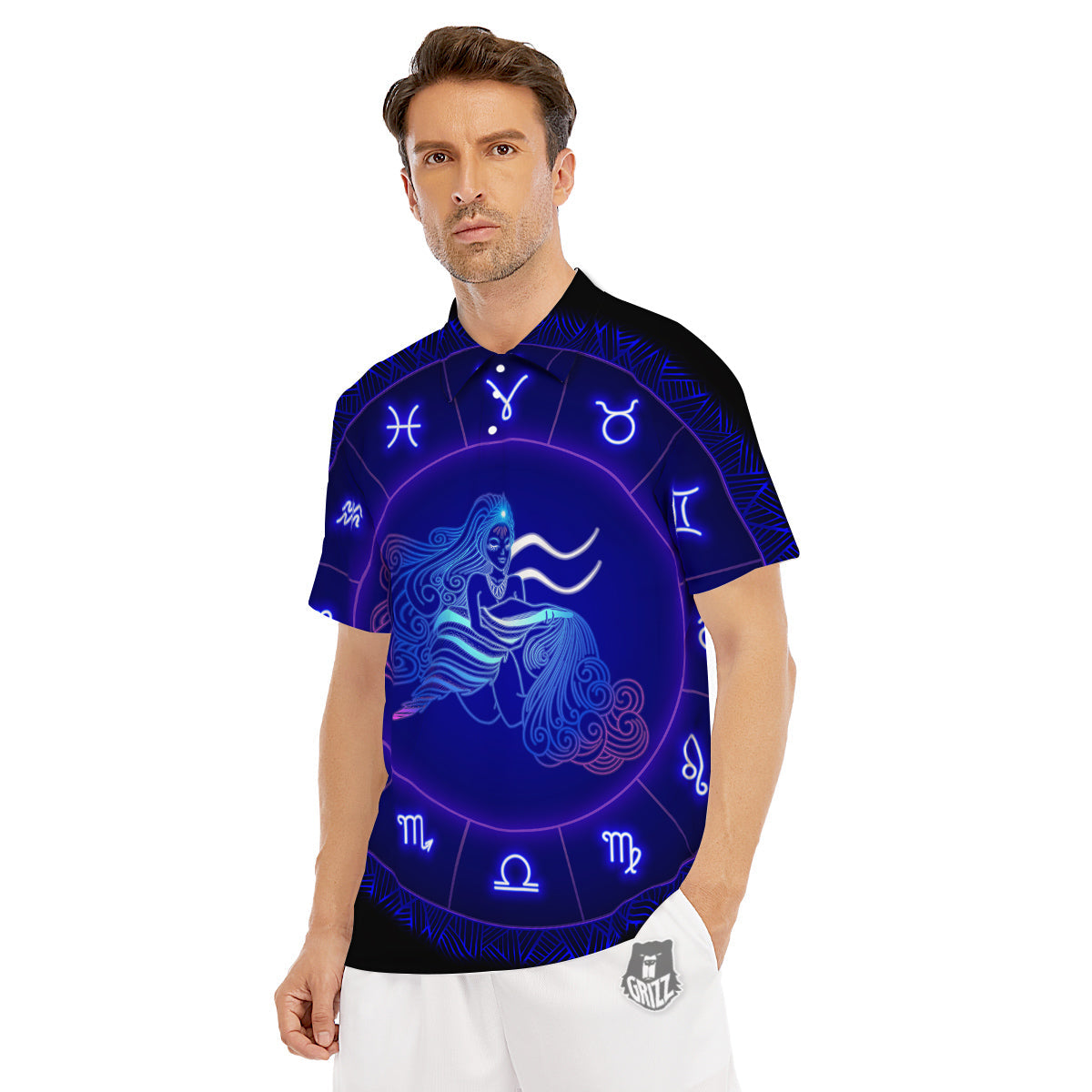 Zodiac Sign Dark Aquarius Print Men's Golf Shirts-grizzshop