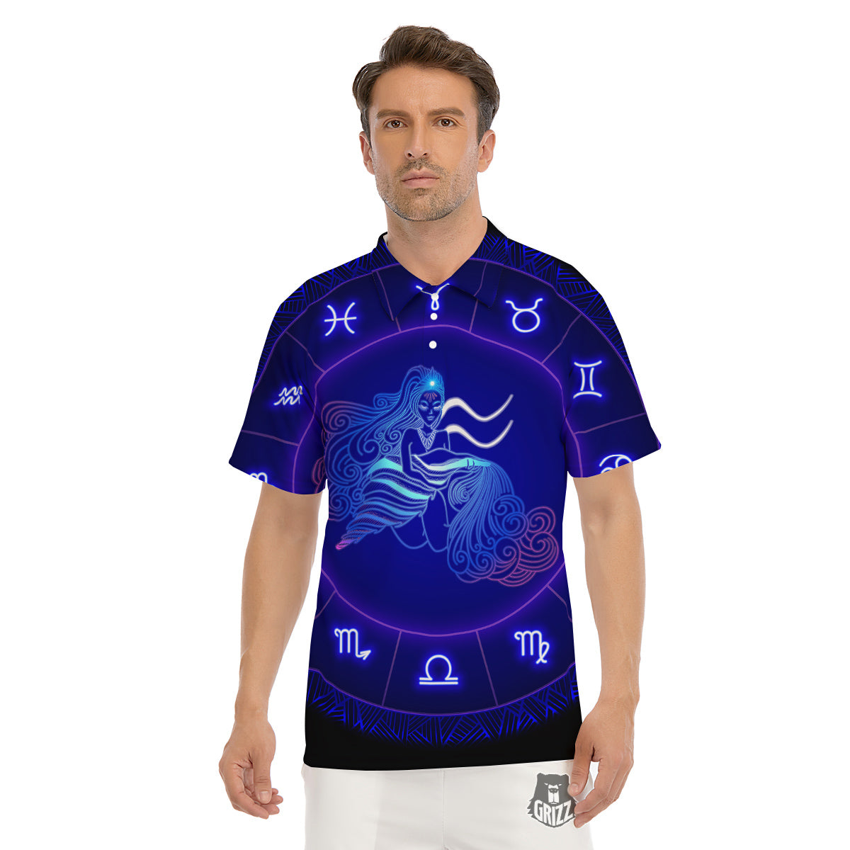 Zodiac Sign Dark Aquarius Print Men's Golf Shirts-grizzshop