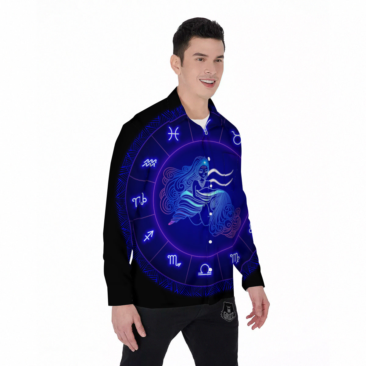 Zodiac Sign Dark Aquarius Print Men's Long Sleeve Shirts-grizzshop
