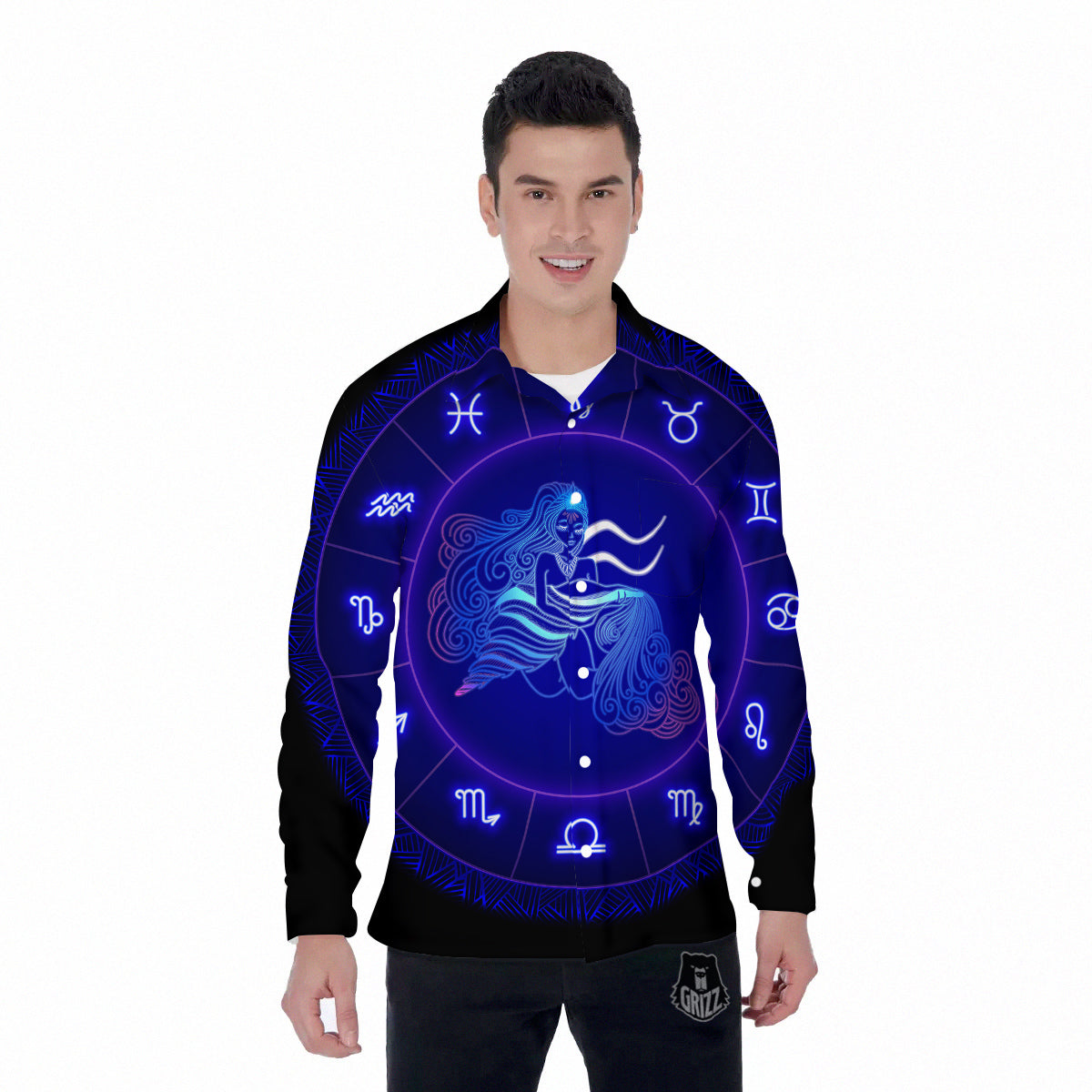 Zodiac Sign Dark Aquarius Print Men's Long Sleeve Shirts-grizzshop