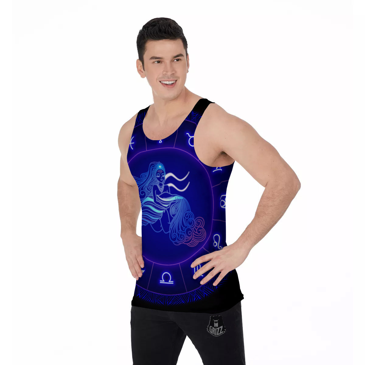 Zodiac Sign Dark Aquarius Print Men's Tank Top-grizzshop