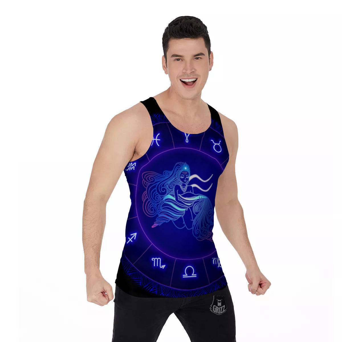 Zodiac Sign Dark Aquarius Print Men's Tank Top-grizzshop