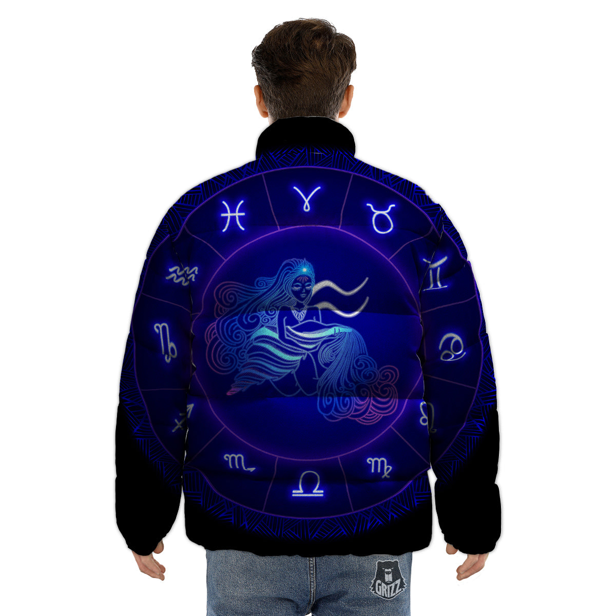 Zodiac Sign Dark Aquarius Print Puffer Jacket-grizzshop