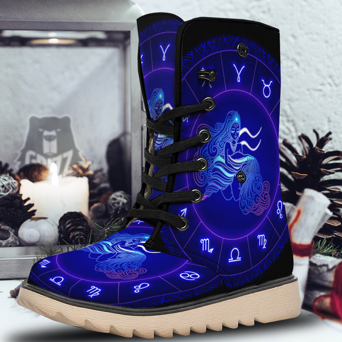 Zodiac Sign Dark Aquarius Print Snow Boots-grizzshop