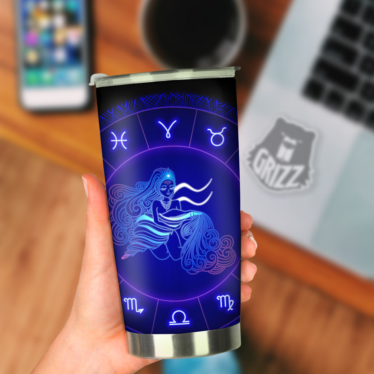 Zodiac Sign Dark Aquarius Print Tumbler-grizzshop