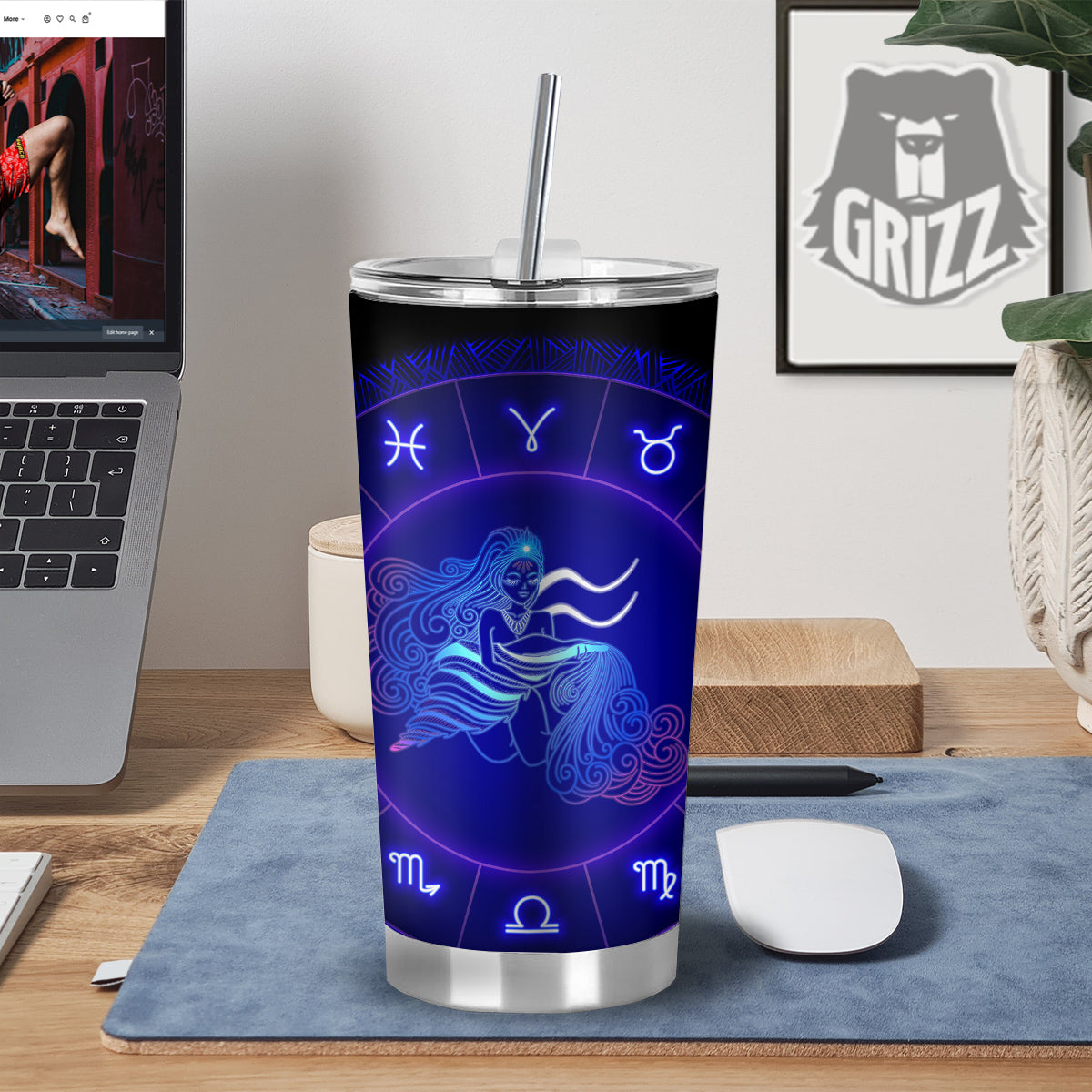 Zodiac Sign Dark Aquarius Print Tumbler-grizzshop