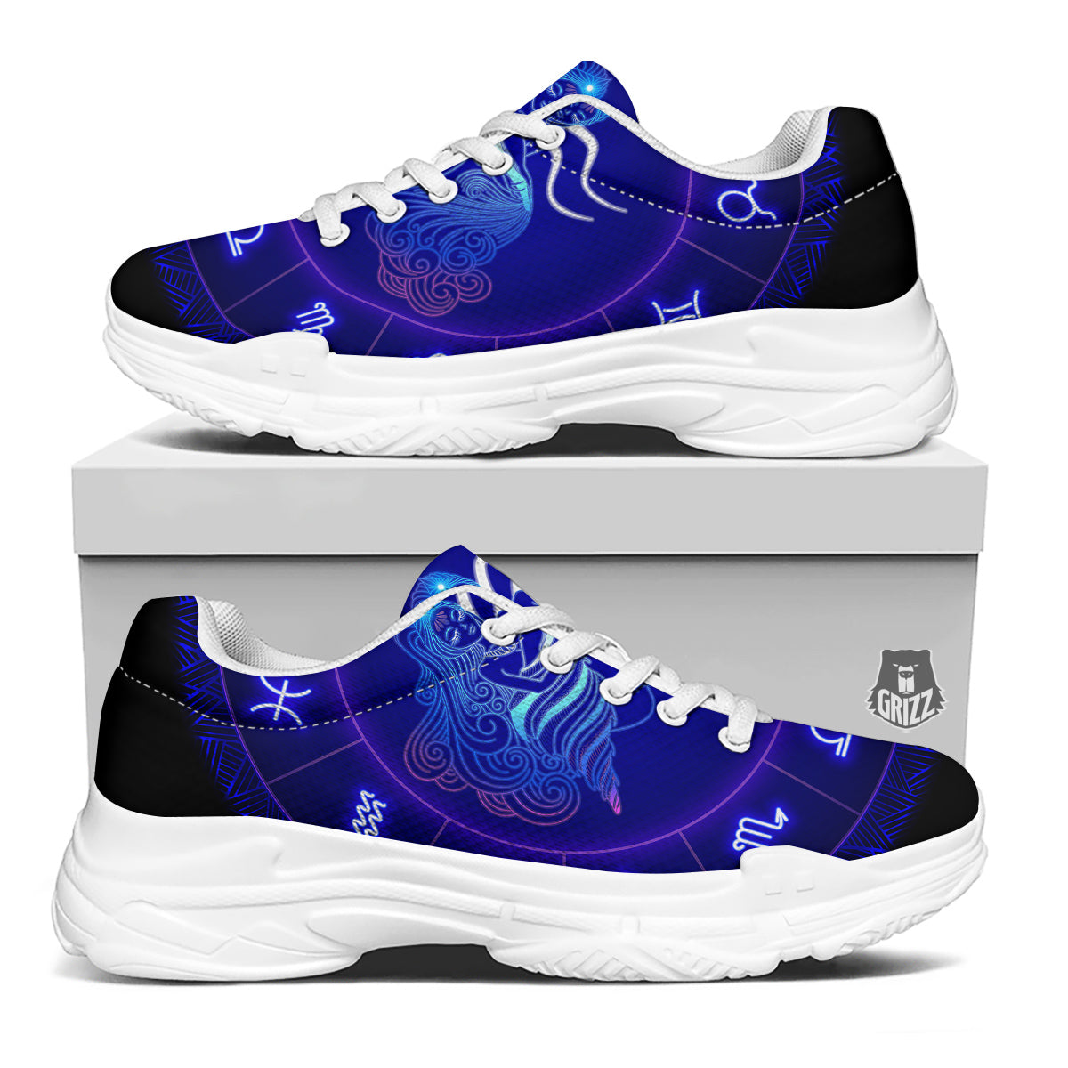 Zodiac Sign Dark Aquarius Print White Chunky Shoes-grizzshop