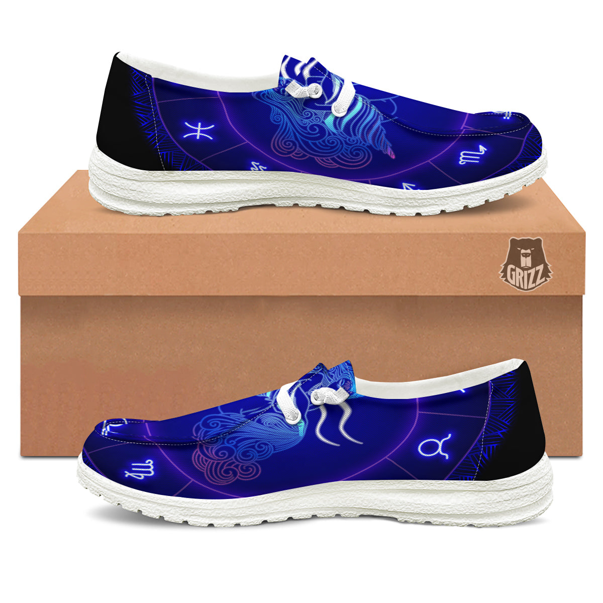 Zodiac Sign Dark Aquarius Print White Loafers-grizzshop