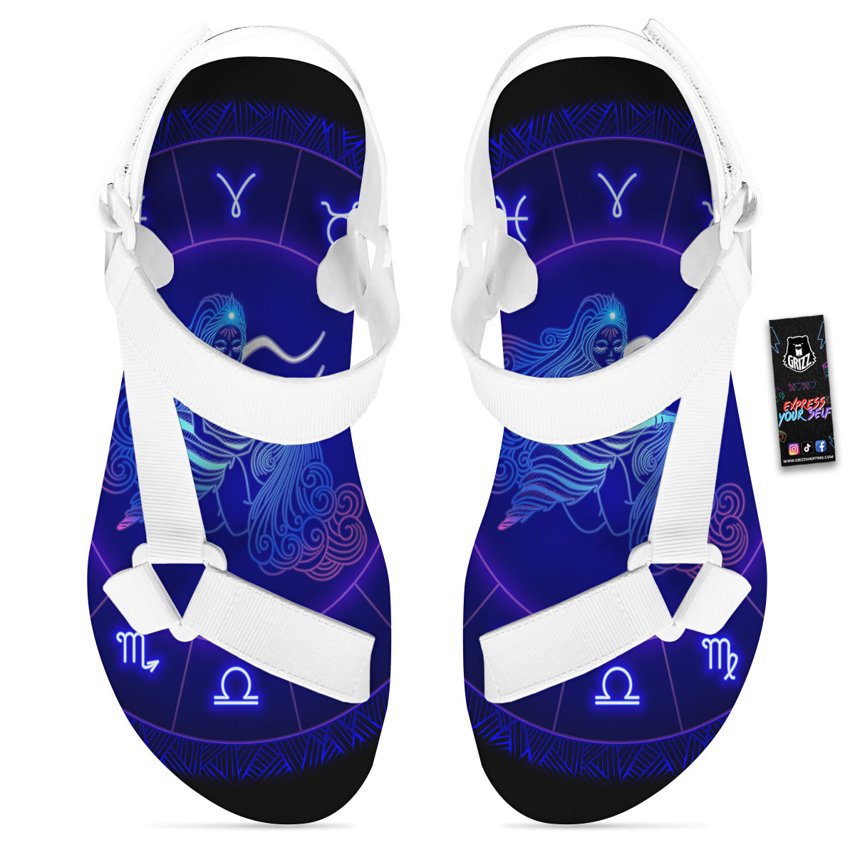 Zodiac Sign Dark Aquarius Print White Open Toe Sandals-grizzshop