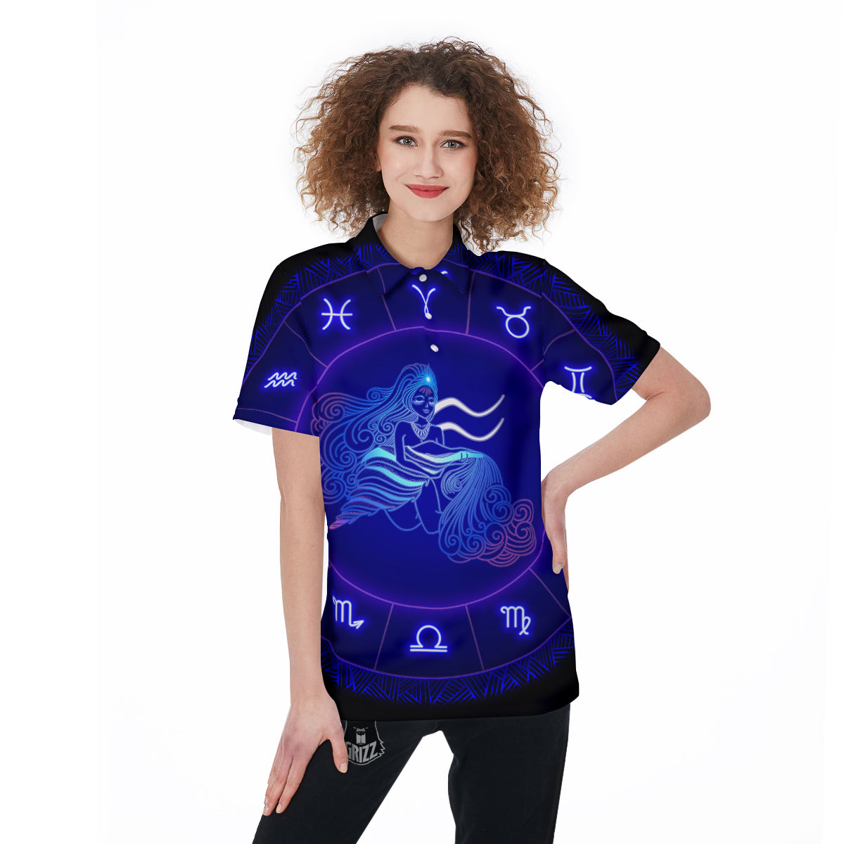 Zodiac Sign Dark Aquarius Print Women's Golf Shirts-grizzshop