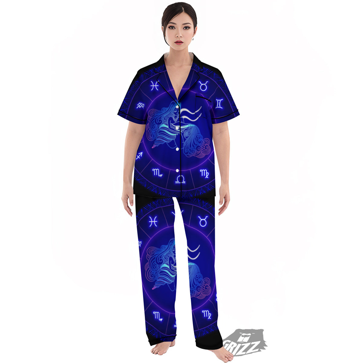Zodiac Sign Dark Aquarius Print Women's Pajamas Set-grizzshop