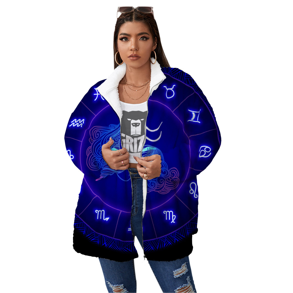 Zodiac Sign Dark Aquarius Print Women's Sherpa Jacket-grizzshop