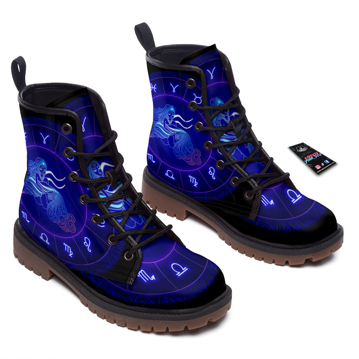 Zodiac Sign Dark Aquarius Print Work Boots-grizzshop