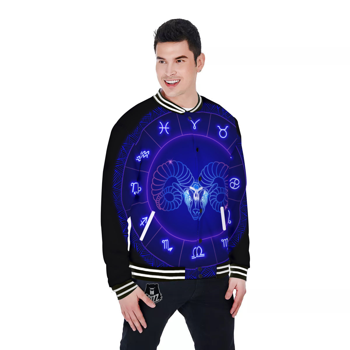 Zodiac Sign Dark Aries Print Baseball Jacket-grizzshop