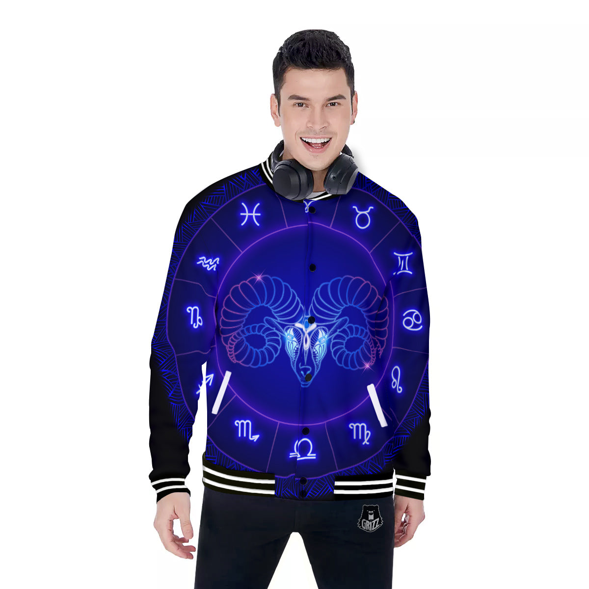 Zodiac Sign Dark Aries Print Baseball Jacket-grizzshop