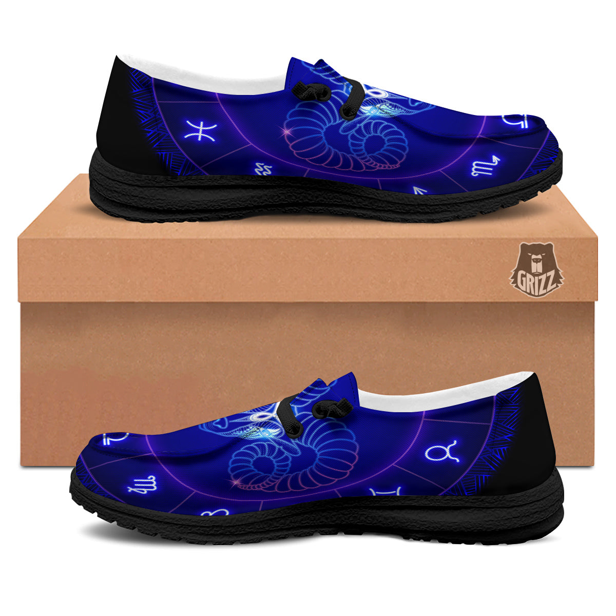 Zodiac Sign Dark Aries Print Black Loafers-grizzshop