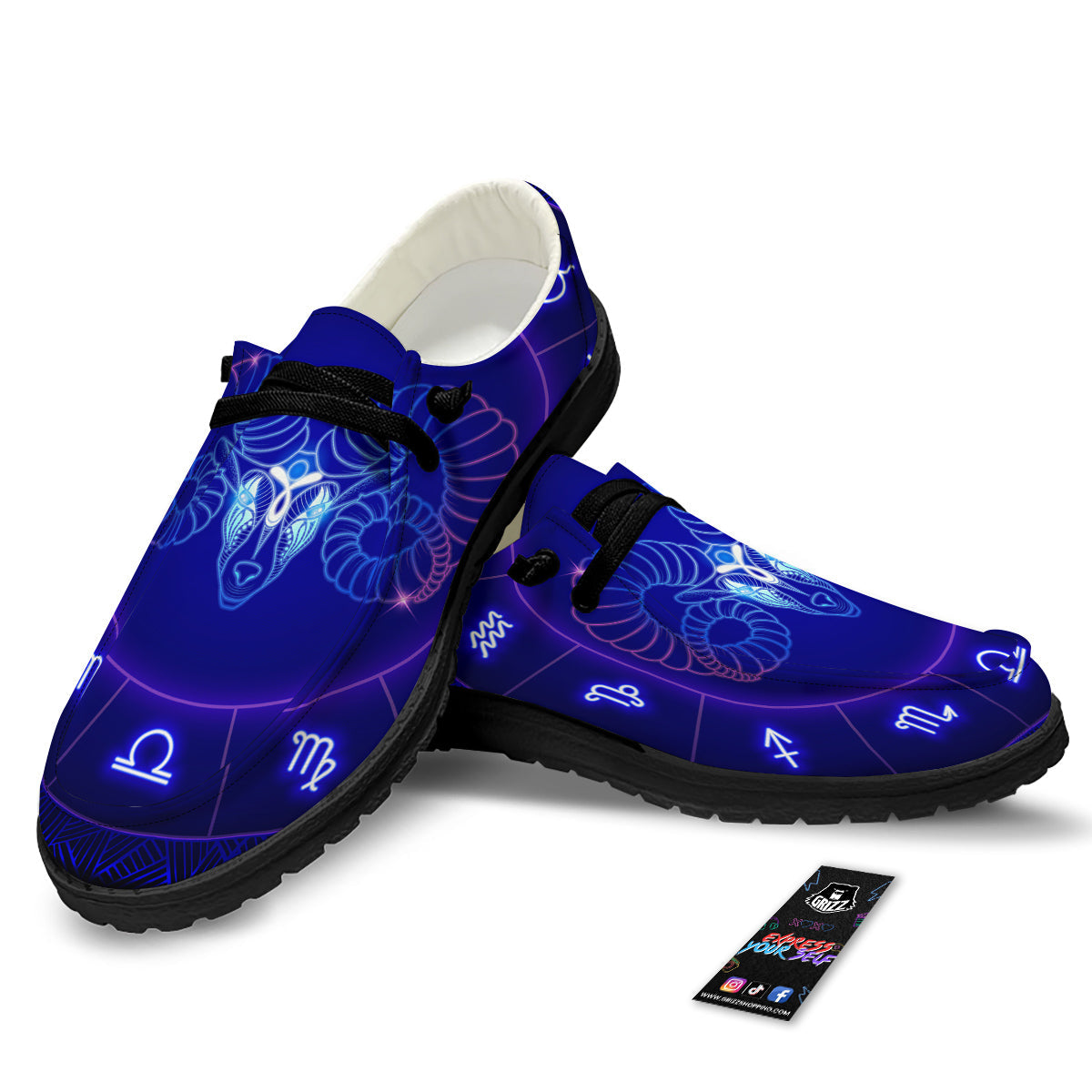 Zodiac Sign Dark Aries Print Black Loafers-grizzshop