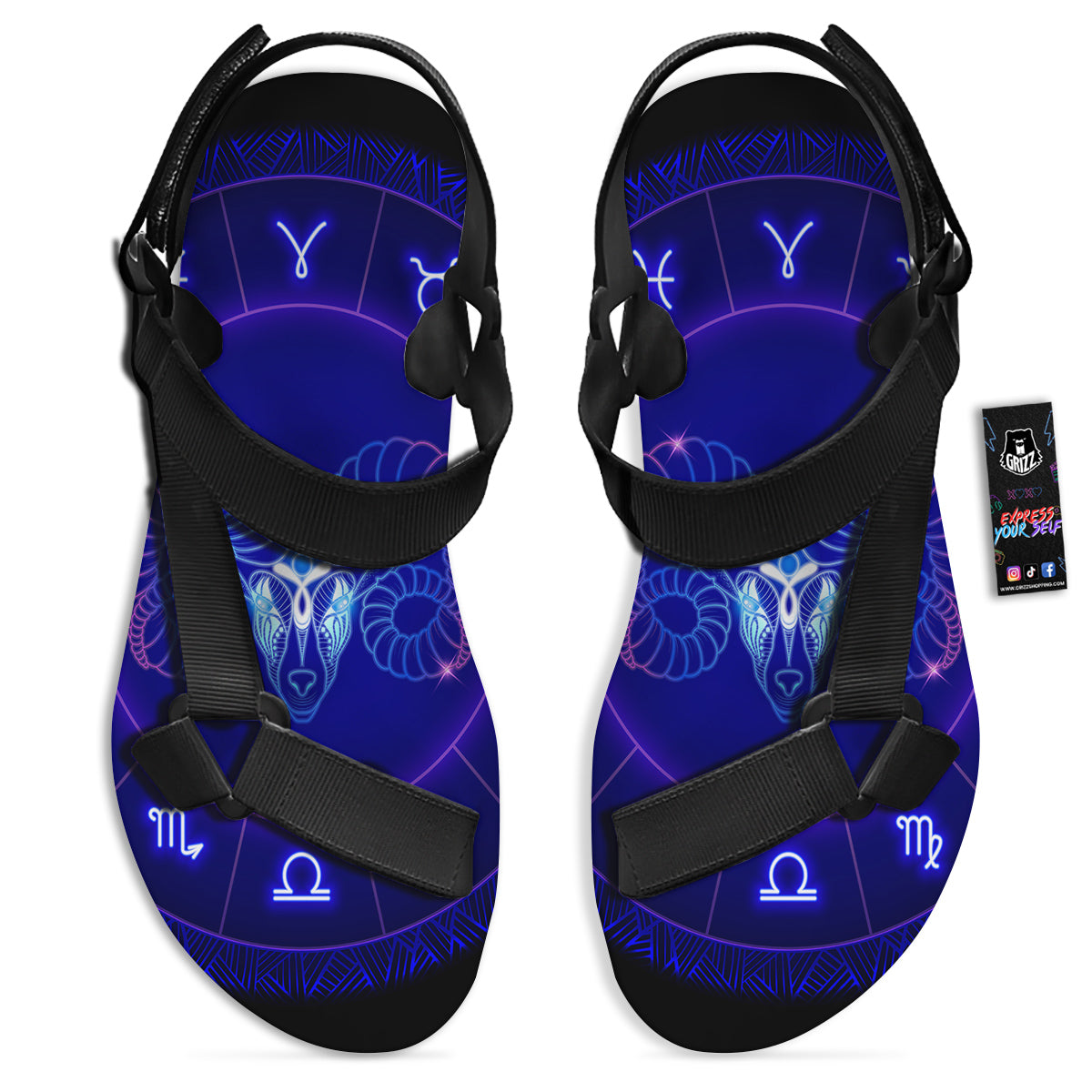 Zodiac Sign Dark Aries Print Black Open Toe Sandals-grizzshop