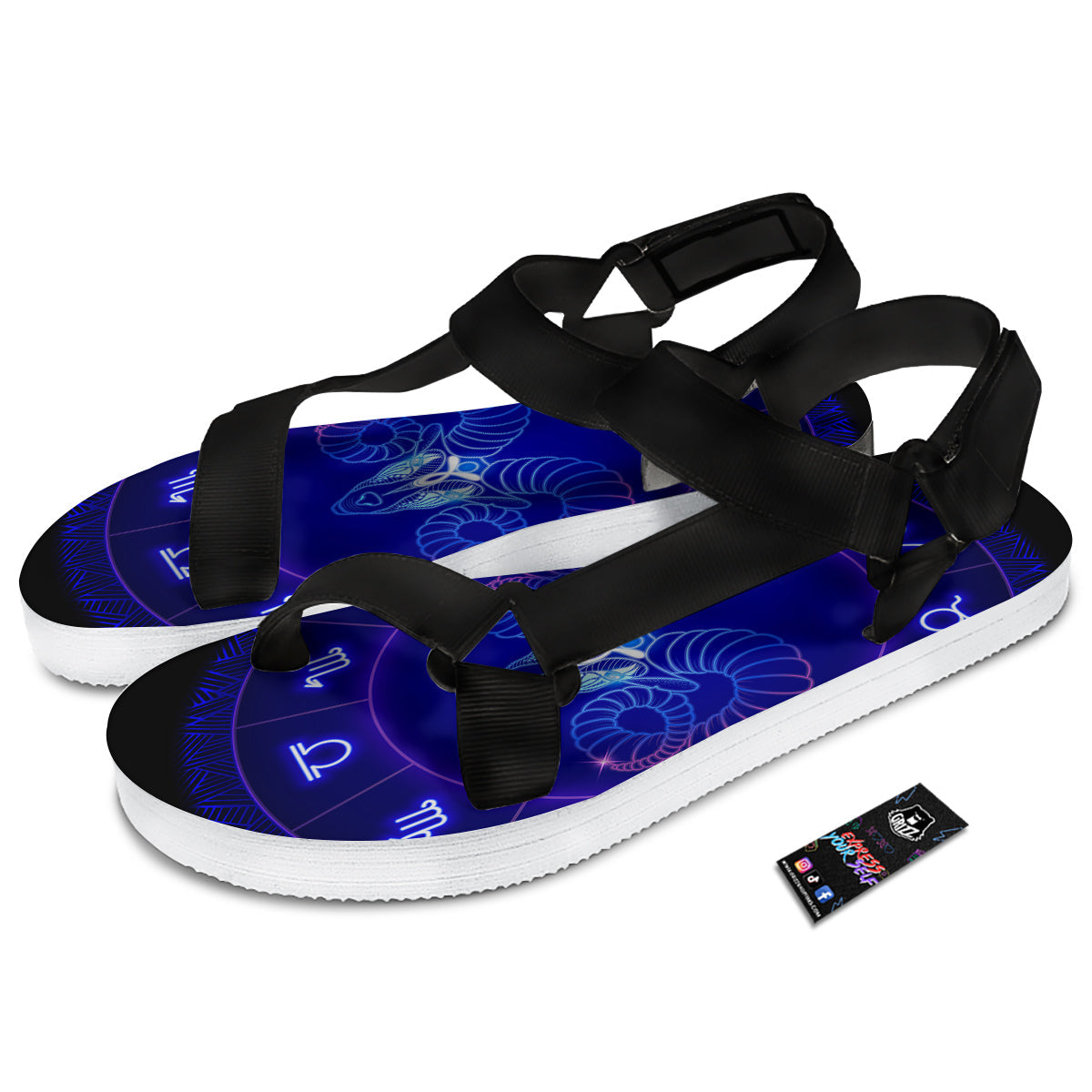 Zodiac Sign Dark Aries Print Black Open Toe Sandals-grizzshop