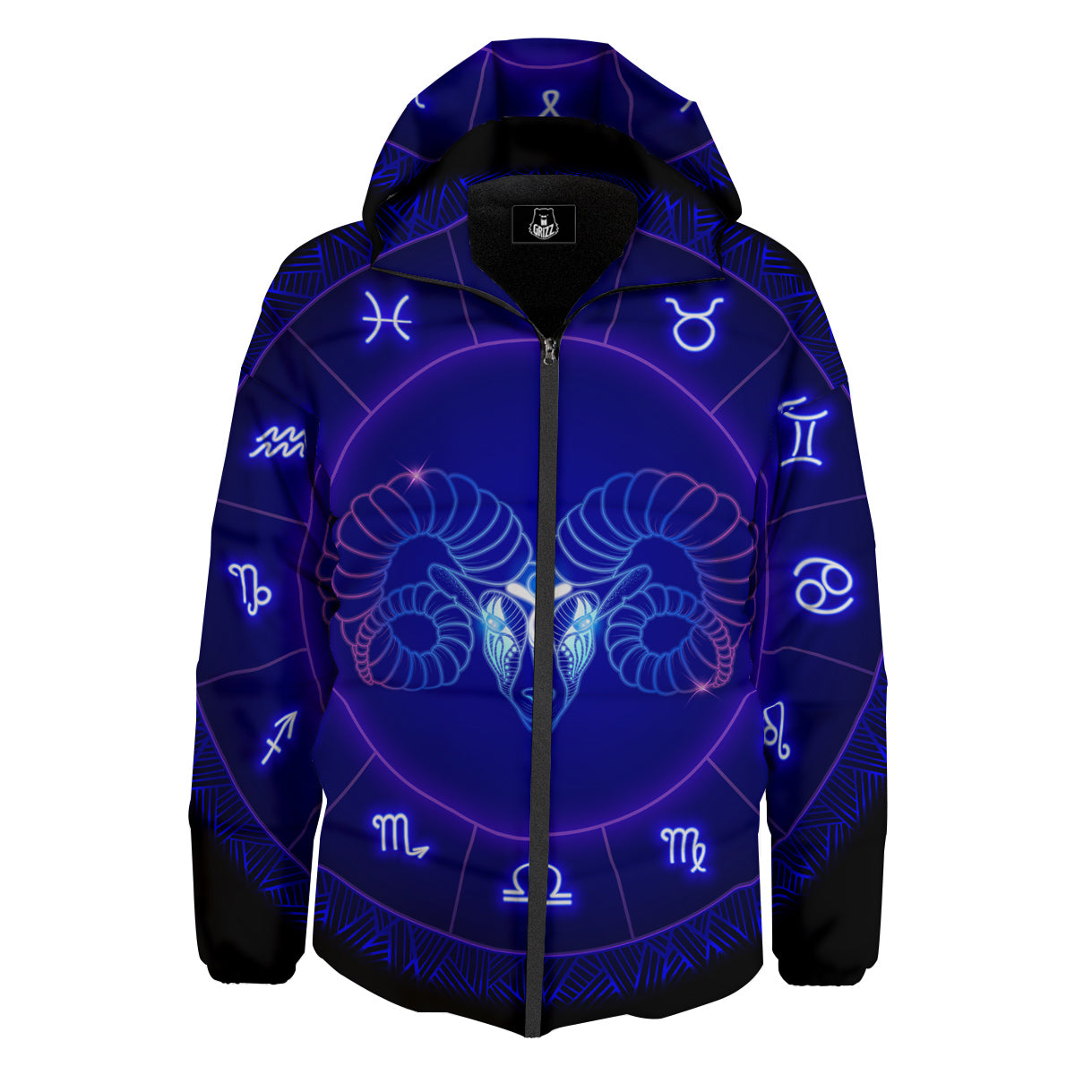 Zodiac Sign Dark Aries Print Down Jacket-grizzshop