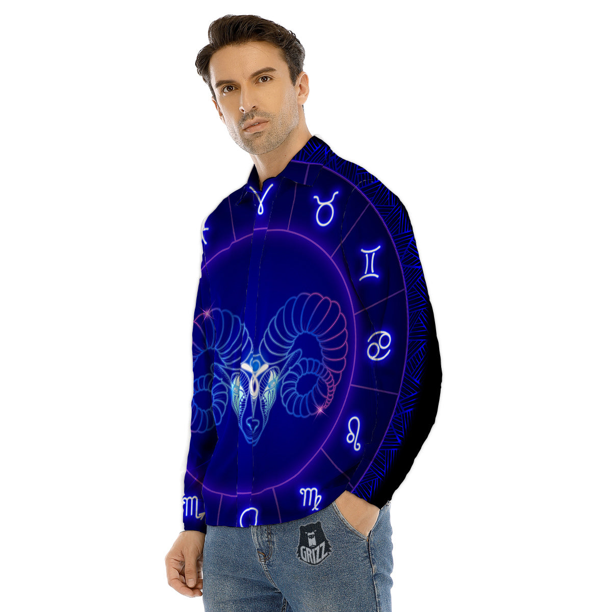 Zodiac Sign Dark Aries Print Men's Dress Shirts-grizzshop