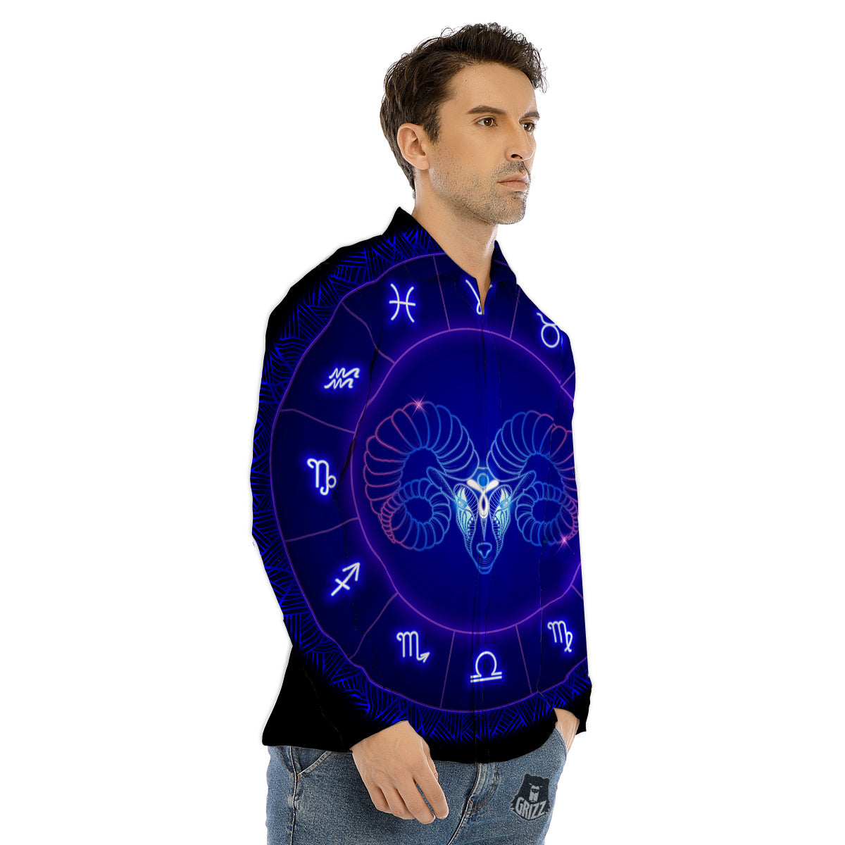 Zodiac Sign Dark Aries Print Men's Dress Shirts-grizzshop