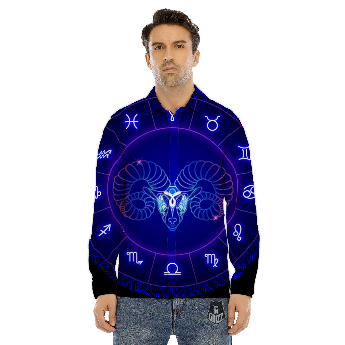 Zodiac Sign Dark Aries Print Men's Dress Shirts-grizzshop
