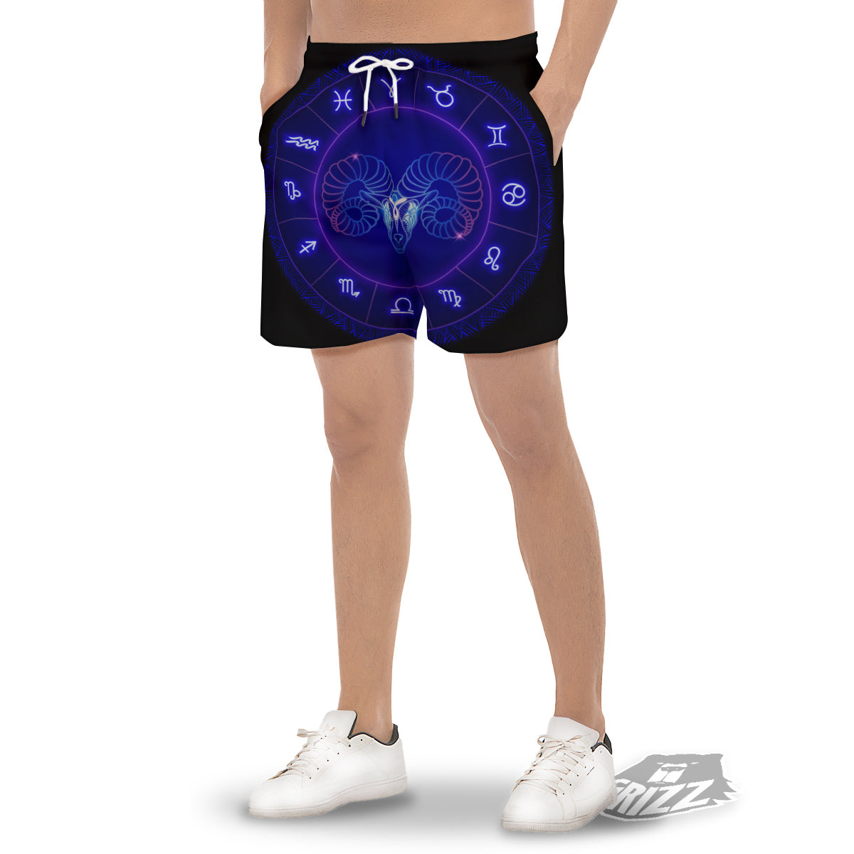 Zodiac Sign Dark Aries Print Men's Gym Shorts-grizzshop