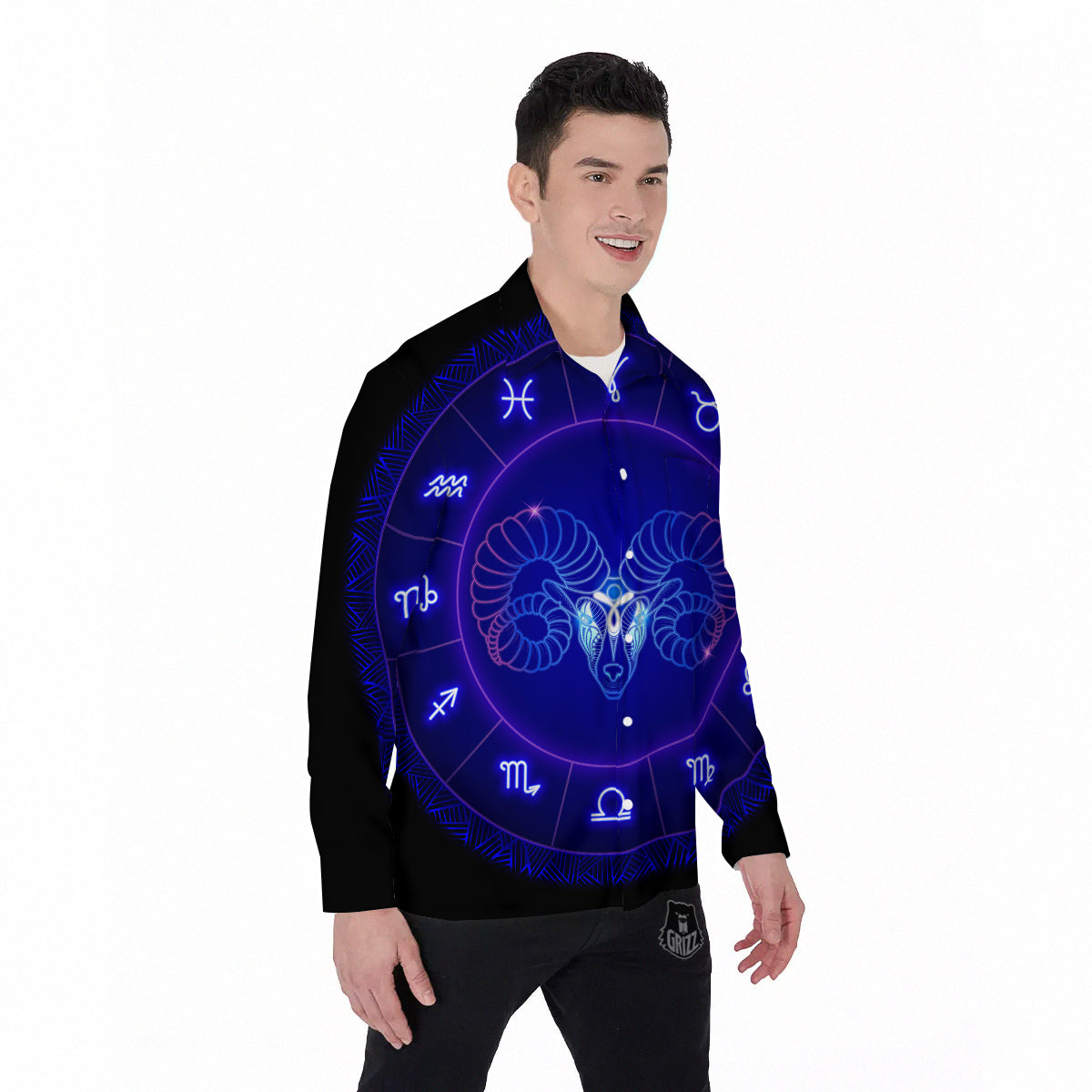 Zodiac Sign Dark Aries Print Men's Long Sleeve Shirts-grizzshop