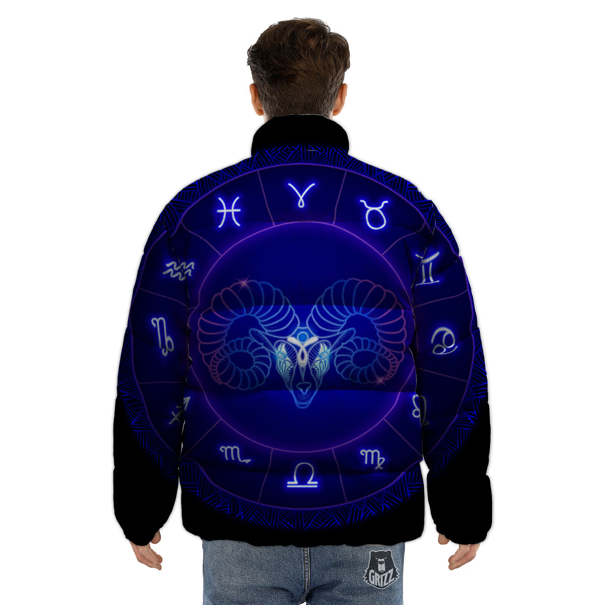 Zodiac Sign Dark Aries Print Puffer Jacket-grizzshop