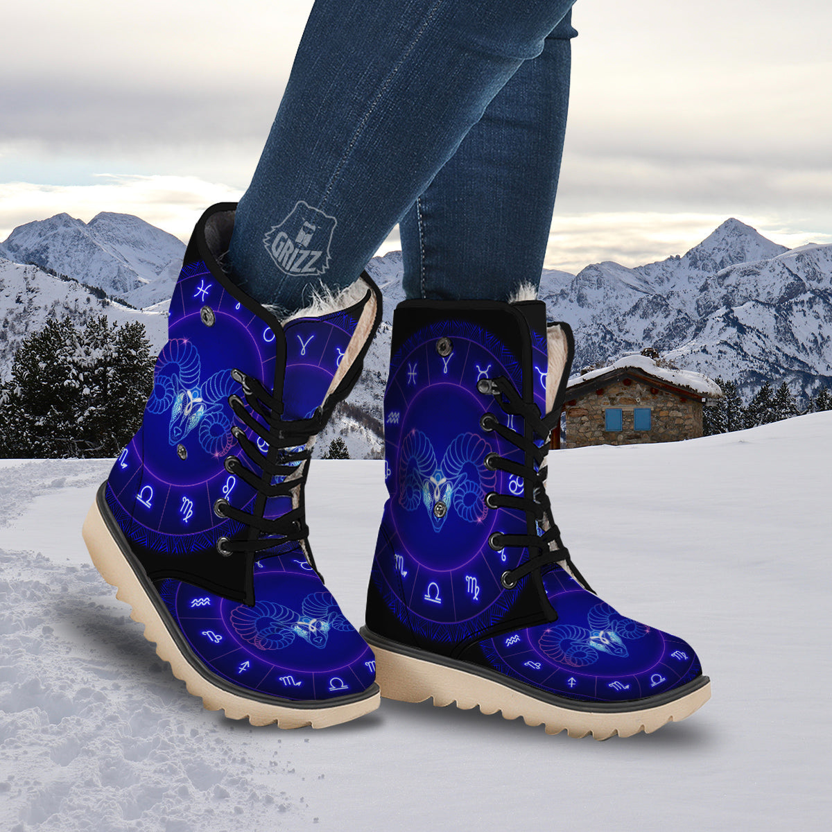 Zodiac Sign Dark Aries Print Snow Boots-grizzshop