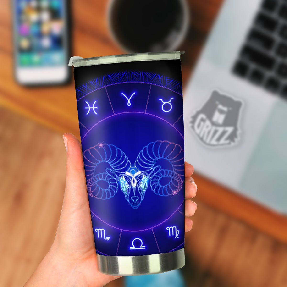 Zodiac Sign Dark Aries Print Tumbler-grizzshop