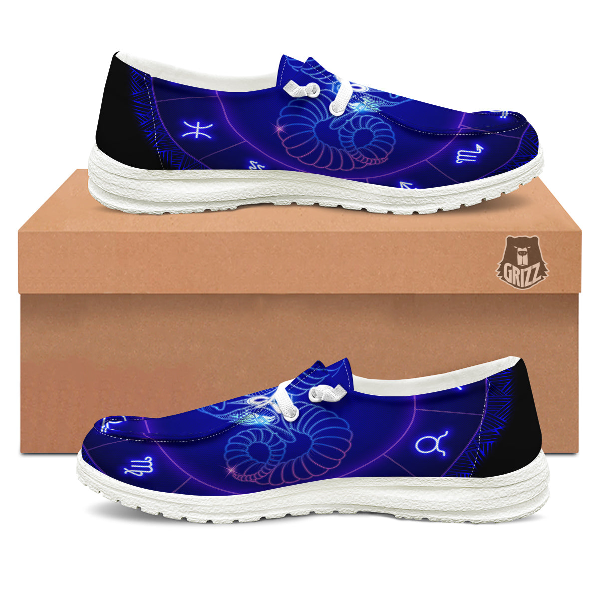 Zodiac Sign Dark Aries Print White Loafers-grizzshop