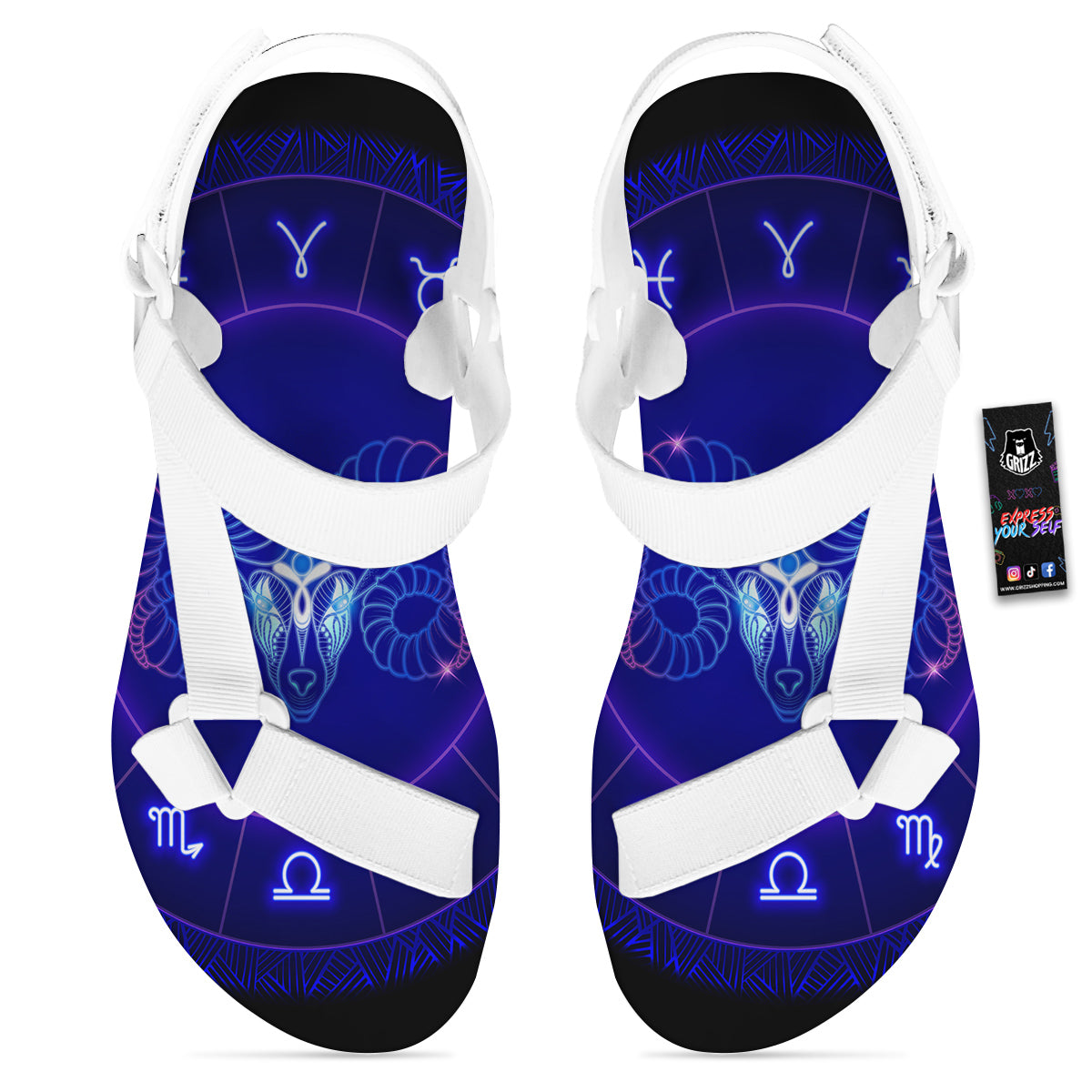 Zodiac Sign Dark Aries Print White Open Toe Sandals-grizzshop