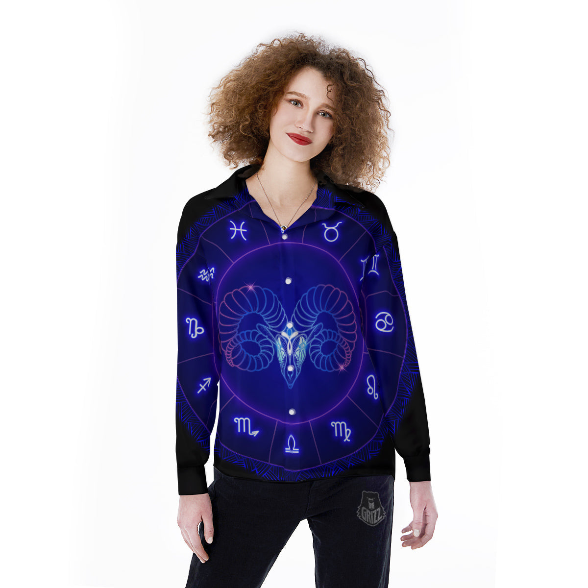 Zodiac Sign Dark Aries Print Women's Long Sleeve Shirts-grizzshop