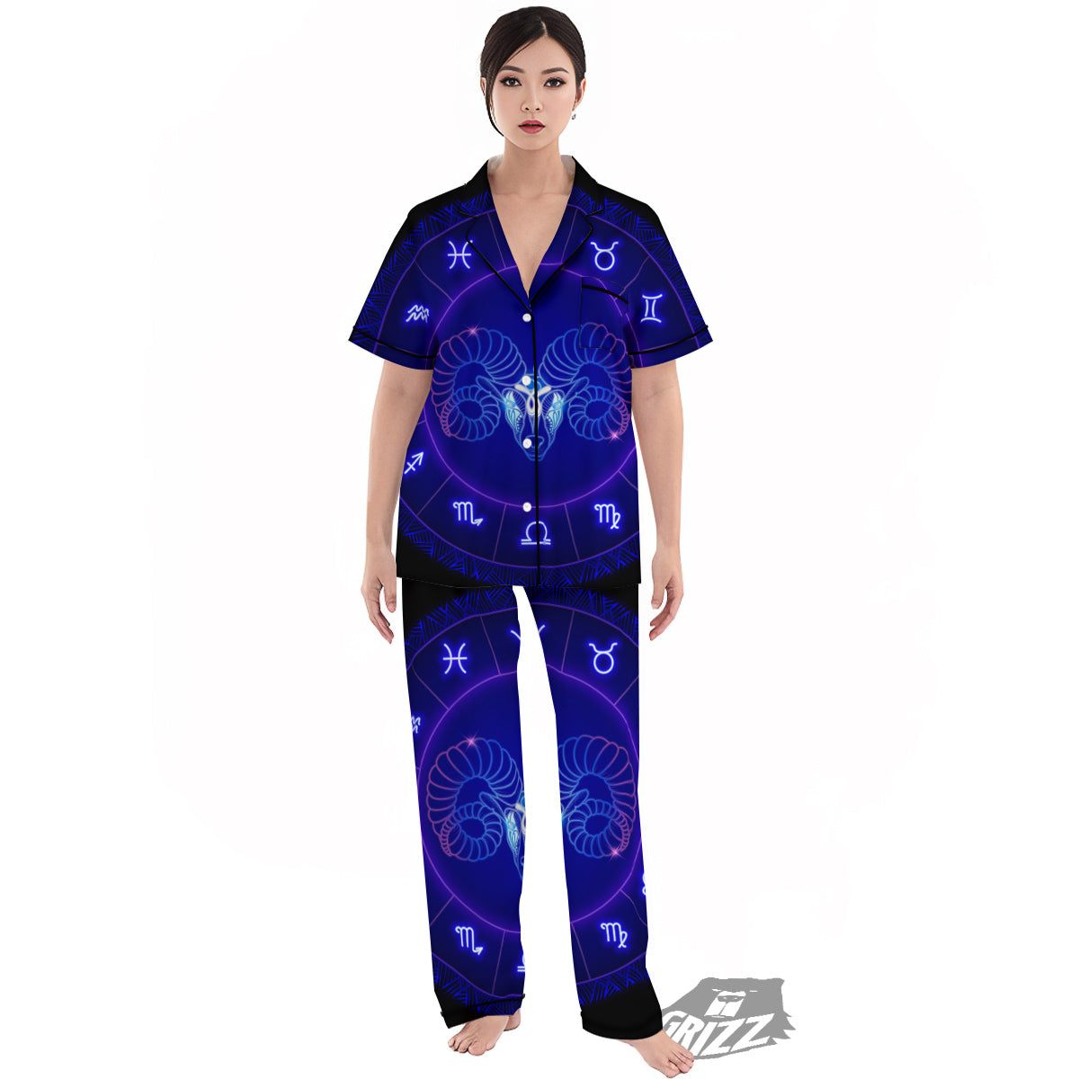 Zodiac Sign Dark Aries Print Women's Pajamas Set-grizzshop