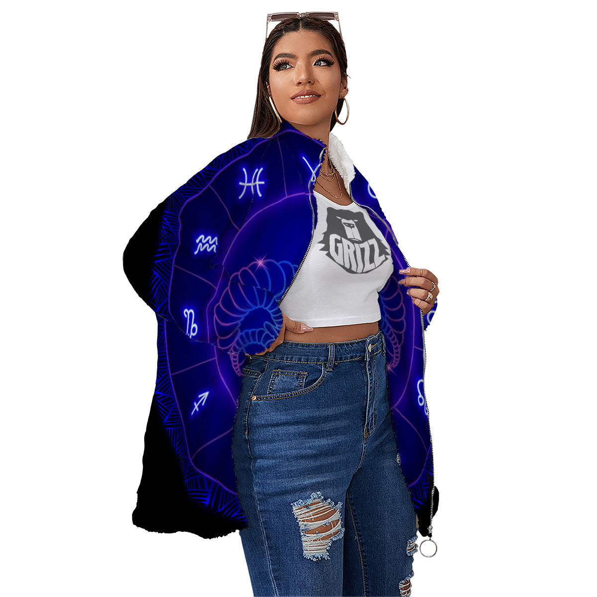 Zodiac Sign Dark Aries Print Women's Sherpa Jacket-grizzshop