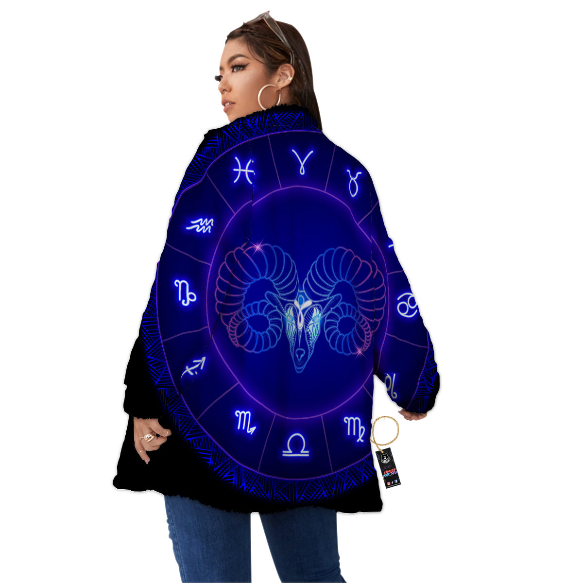 Zodiac Sign Dark Aries Print Women's Sherpa Jacket-grizzshop