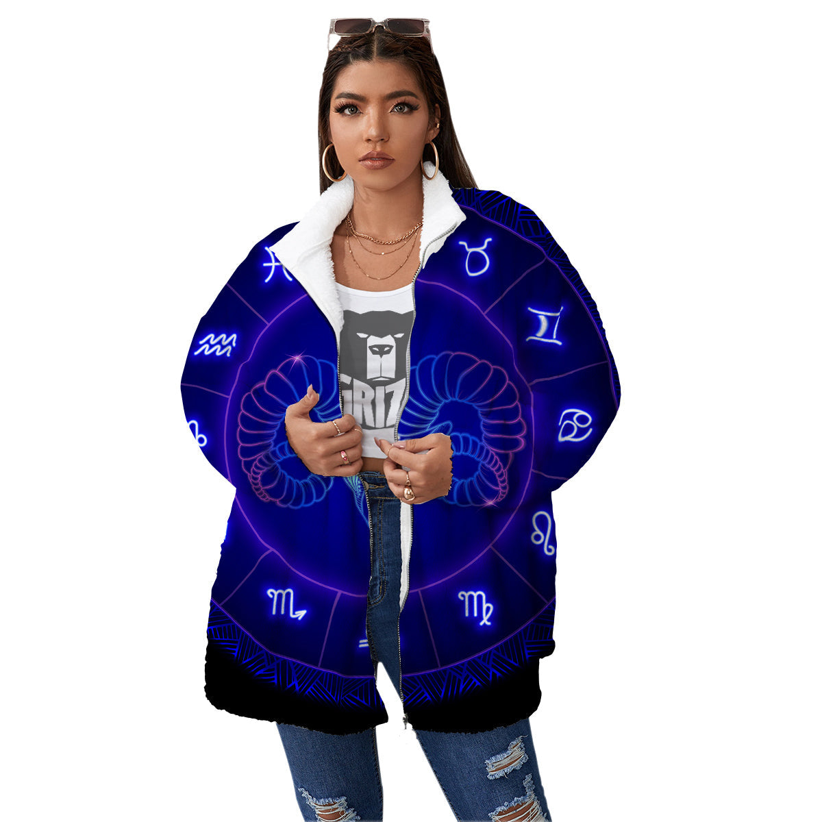 Zodiac Sign Dark Aries Print Women's Sherpa Jacket-grizzshop