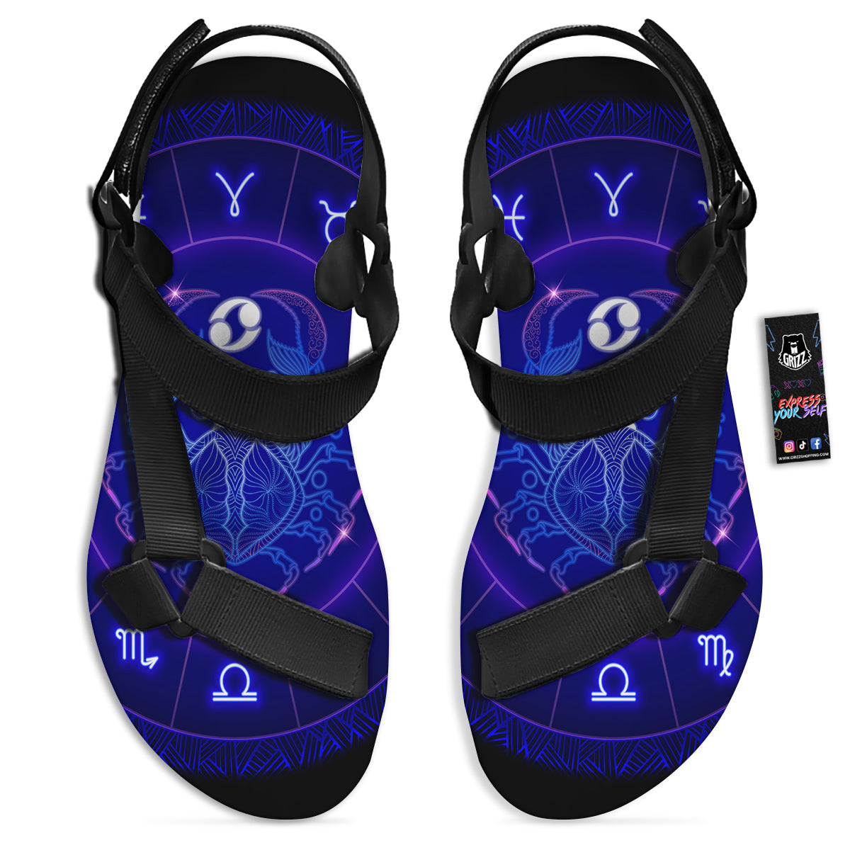 Zodiac Sign Dark Cancer Print Black Open Toe Sandals-grizzshop