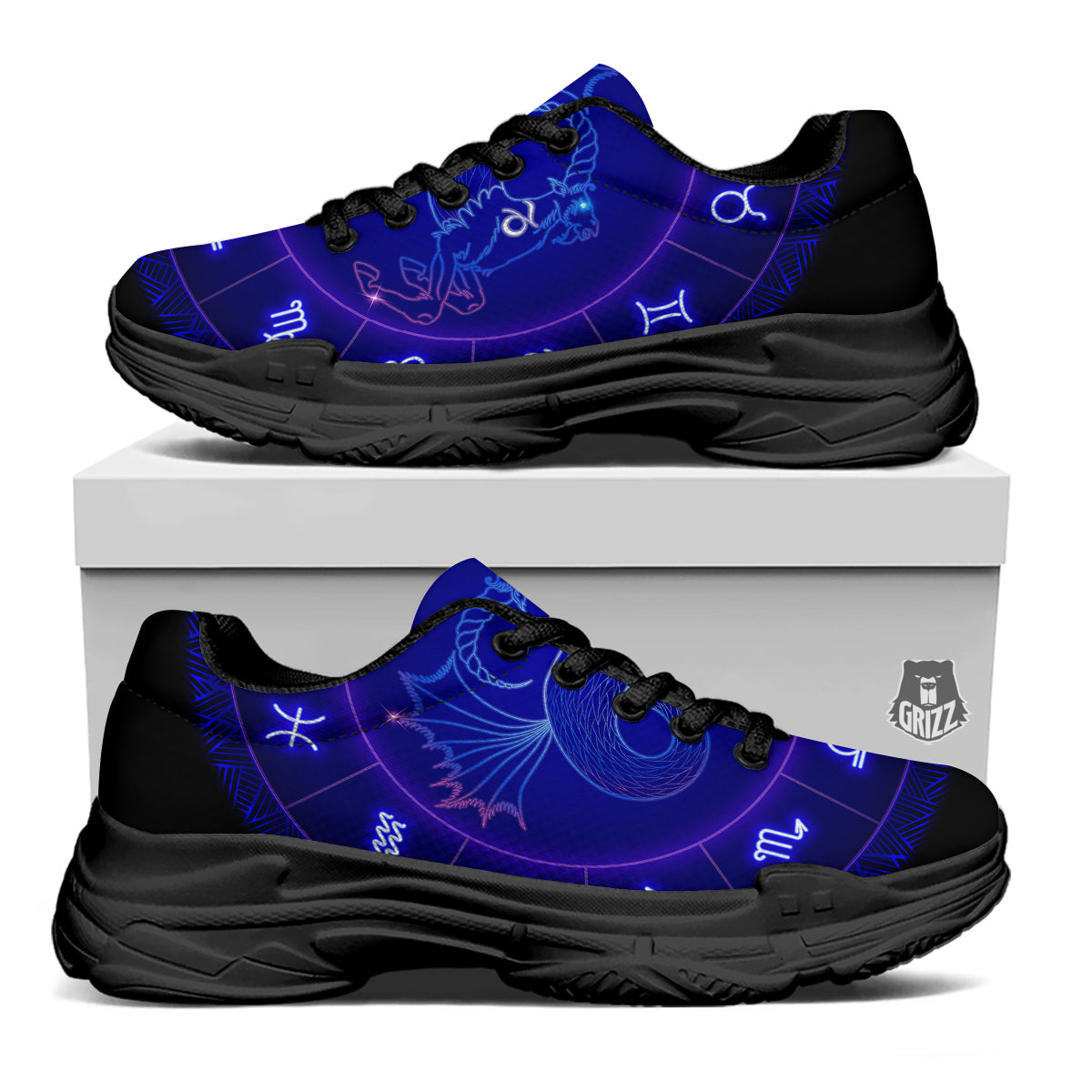 Zodiac Sign Dark Capricorn Print Black Chunky Shoes-grizzshop