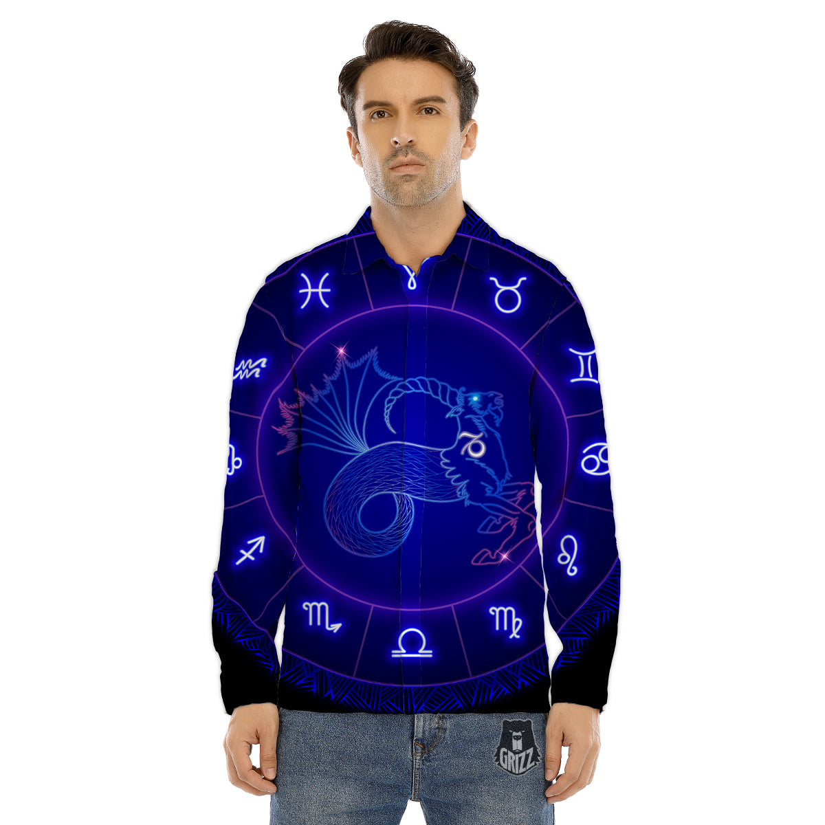 Zodiac Sign Dark Capricorn Print Men's Dress Shirts-grizzshop