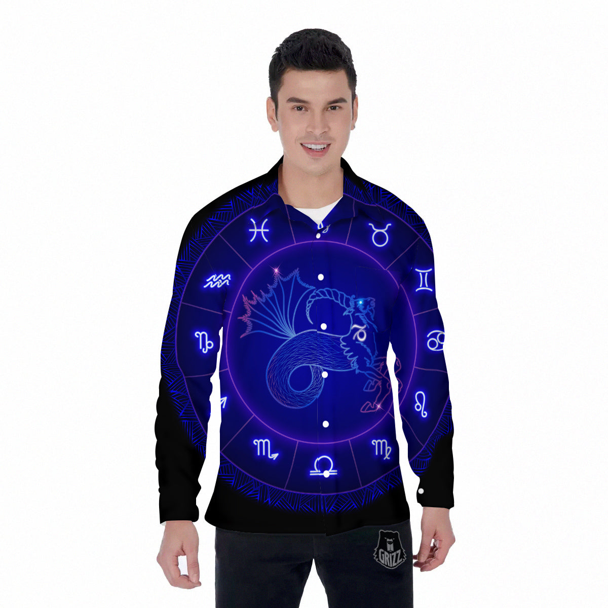 Zodiac Sign Dark Capricorn Print Men's Long Sleeve Shirts-grizzshop