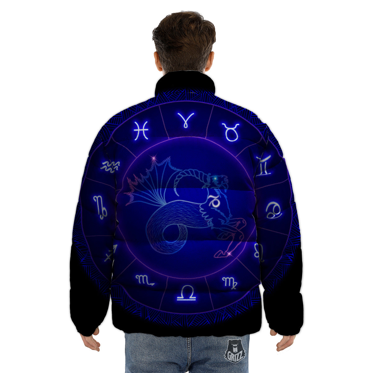 Zodiac Sign Dark Capricorn Print Puffer Jacket-grizzshop