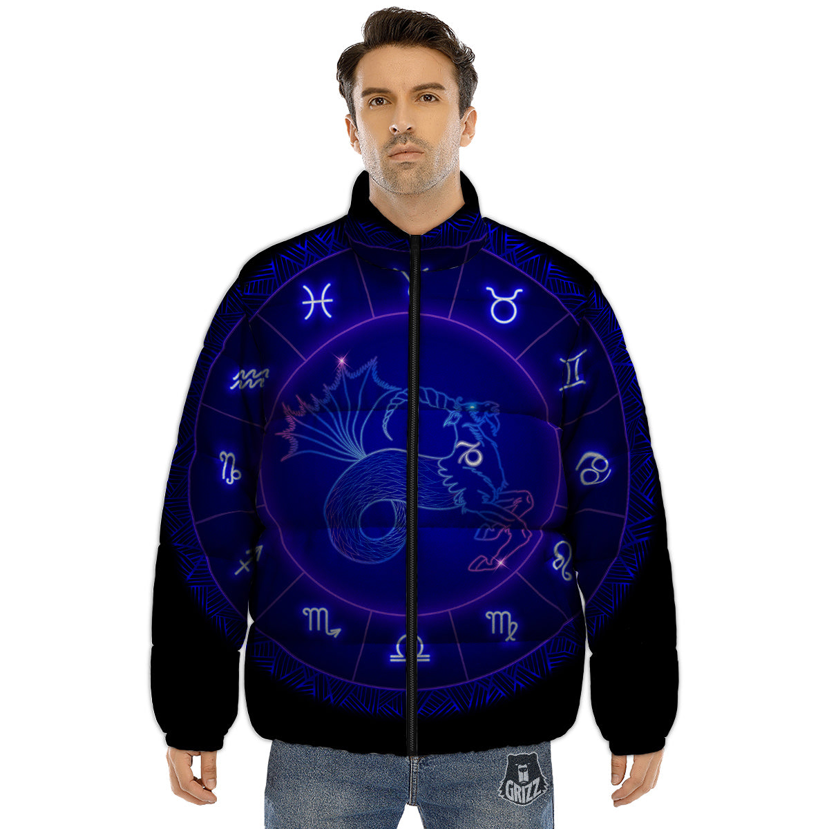 Zodiac Sign Dark Capricorn Print Puffer Jacket-grizzshop