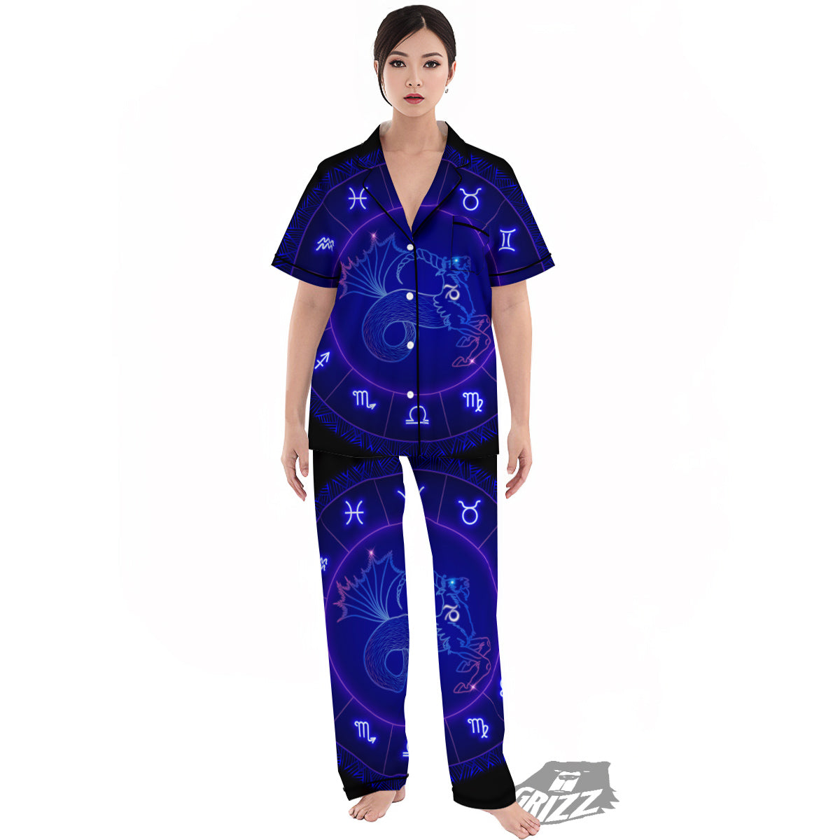 Zodiac Sign Dark Capricorn Print Women's Pajamas Set-grizzshop