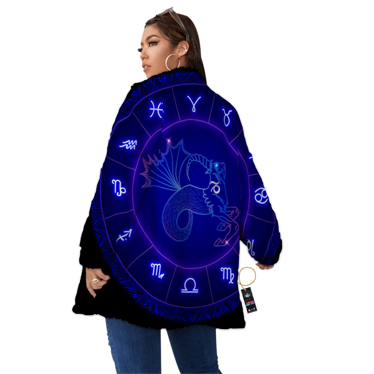 Zodiac Sign Dark Capricorn Print Women's Sherpa Jacket-grizzshop